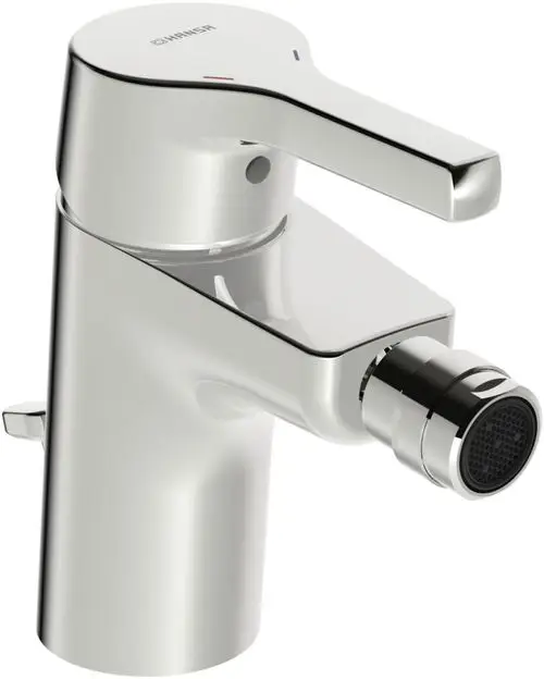 Einhebelmischer für Bidet in Chrom mit seitlichem Hebel. Hersteller HANSA. Auslauf mit integriertem Luftsprudler für gleichmäßigen Wasserfluss.